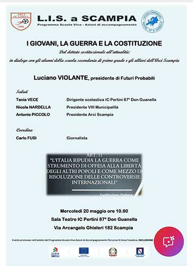 Locandina evento "I giovani, la guerra e la Costituzione" con la partecipazione di Luciano Violante | Associazione Dream Team – Donne in Rete